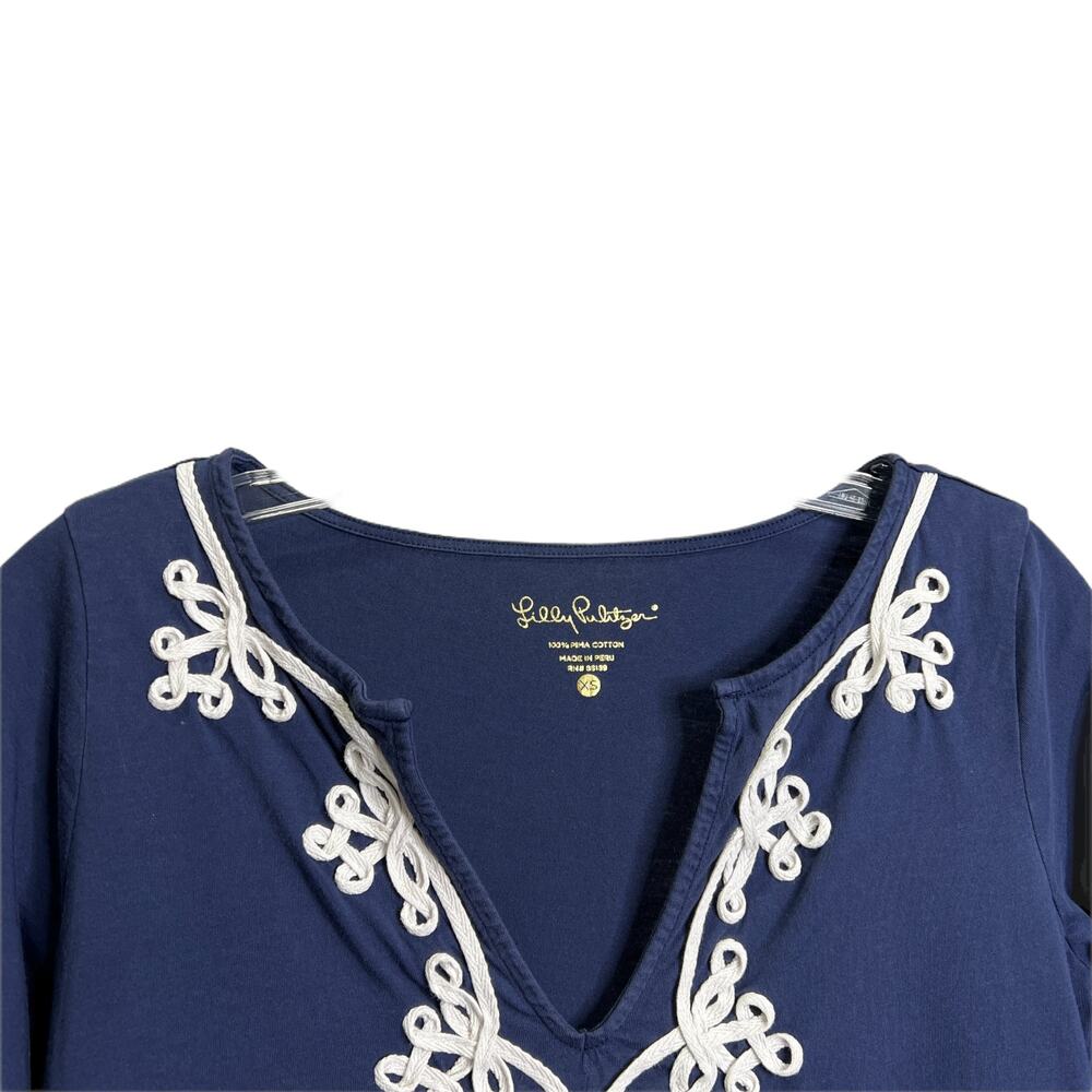 Lilly Pulitzer Marina‎ Shirt Dress Womens XS Navy Cotton White Rope Detail VNeck - Picture 4 of 7